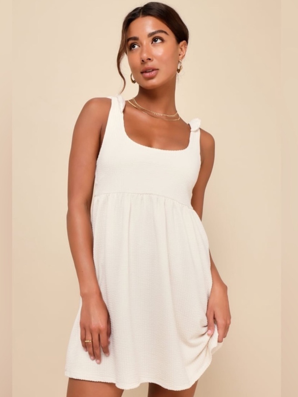 Lulu's Cream Tie-Strap Textured Sundress
